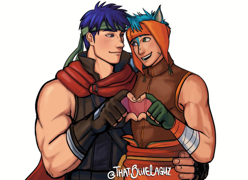 Ike and Ranulf from fire emblem making a heart with their hands and looking at each other tenderly.